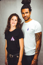 Load image into Gallery viewer, black unisex tshirt with embroidered clitoris design and white unisex vulva shirt
