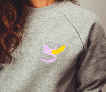 Load image into Gallery viewer, Close up - Grey unisex sweatshirt with embroidered banana design
